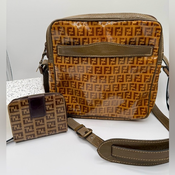 Fendi Handbags - RARE SET: Fendi Zucchino coated canvas PVC compact bi-fold + crossbody bag